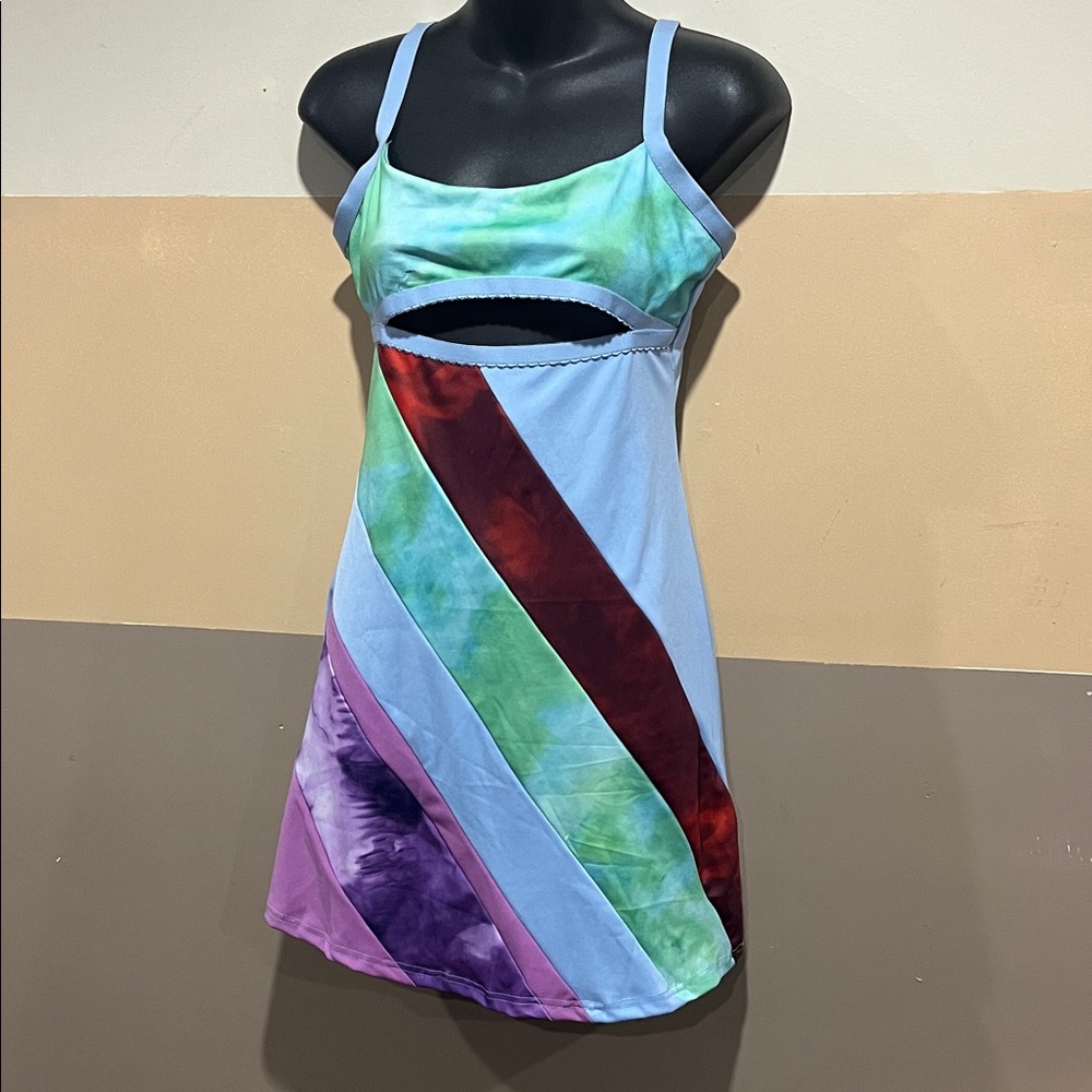 Blue Tie-Dye Colorblock Cutout Mini Dress (M)